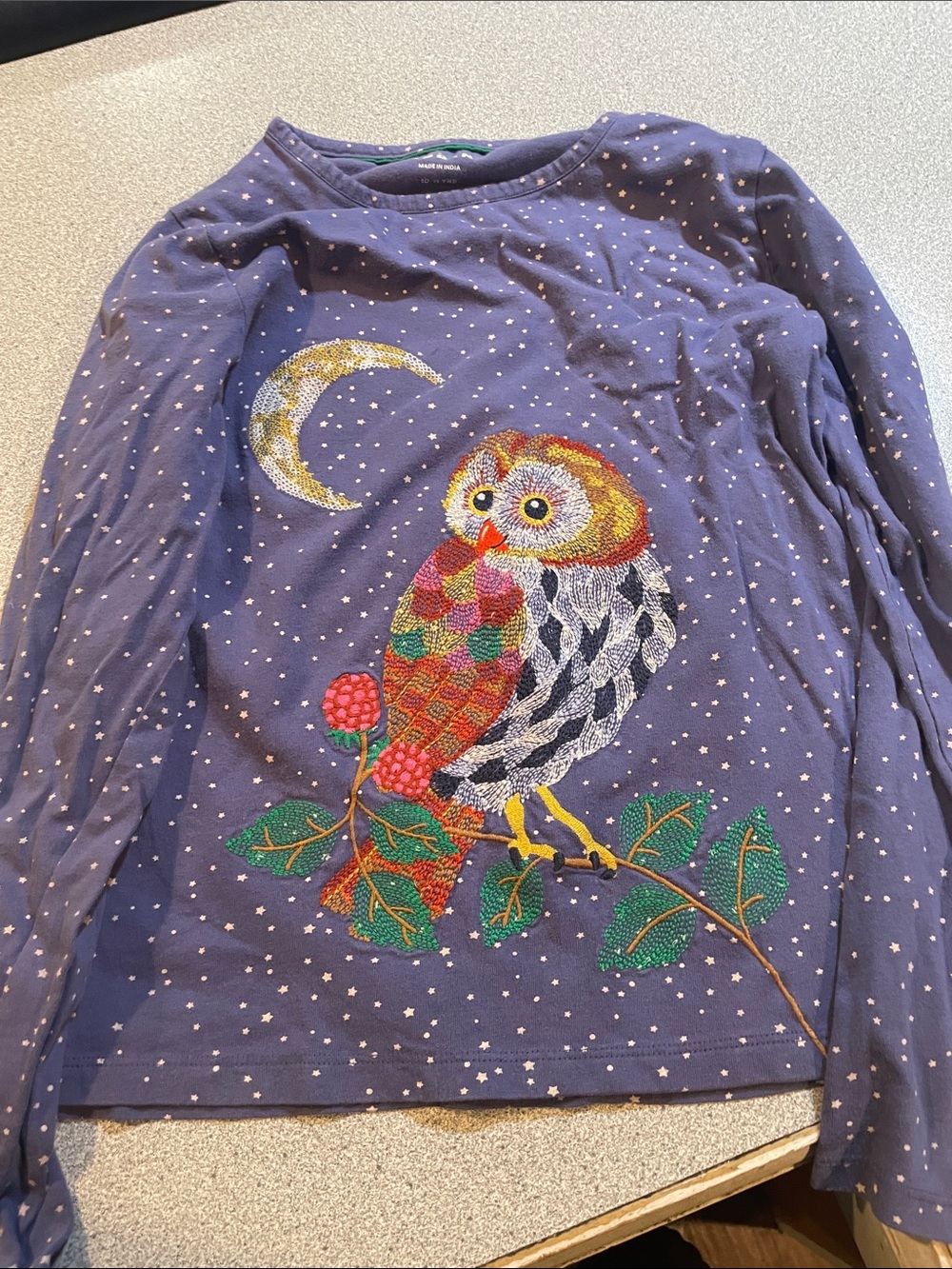 Mini Boden Purple Long-Sleeve Tee with Embroidered Owl and Moon